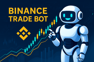 Ilustração de um robô sorridente apontando para um gráfico de velas em tendência de alta, com o logotipo da Binance e o texto 'Binance Trade Bot' em destaque.