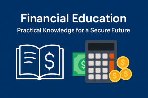 Illustration showing financial education tools like an open book, coins, calculator, and banknotes, symbolizing practical knowledge for a secure future.