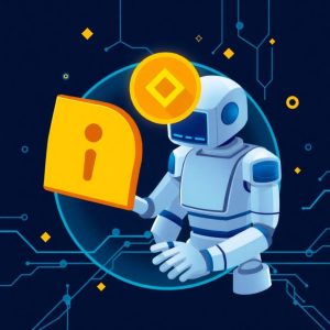 Ilustração de um robô com aparência tecnológica segurando um ícone de informação, representando segurança e riscos no uso de bots de trade na Binance, com elementos gráficos de circuitos e criptomoedas ao fundo.