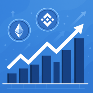Bar chart with an upward trend line symbolizing altcoin growth, featuring Ethereum and Binance Coin icons on a blue background.