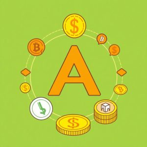 Illustration of altcoins represented by various cryptocurrency symbols around a central "A" on a green background, symbolizing alternative digital currencies.