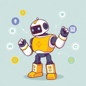 Robô com armadura amarela e logotipo da Binance interagindo com ícones de criptomoedas, finanças e tecnologia ao seu redor, em fundo claro.