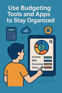 Illustration of a person using a budgeting app on a smartphone, featuring pie and bar charts, with icons of a calculator, gear, and cloud, symbolizing the use of tools and apps to stay financially organized.