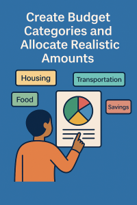Person pointing at a pie chart with budget categories like Housing, Food, Transportation, and Savings, illustrating the creation of budget categories and realistic allocation of amounts.