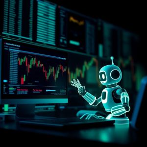 Trading bot analyzing financial charts on a computer screen in a day trading environment.