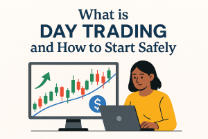 Day trading concept with charts and laptop – how to start day trading safely.