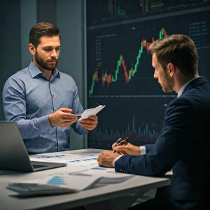 Four traders huddle around computer screens displaying stock market data, illustrating the allure and collaborative nature of day trading.