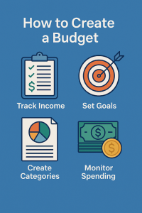 Infographic showing how to create a personal budget in four steps: track income, set goals, create categories, and monitor spending.