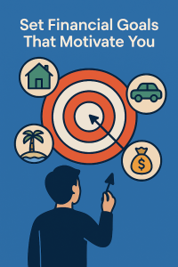 Illustration of a person aiming at a target surrounded by icons of financial goals such as a house, car, vacation, and money, symbolizing the idea of setting motivational financial goals.