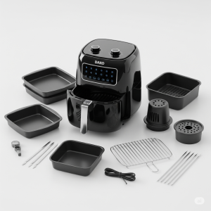 Air Fryer Dako 5L com kit de acessórios, incluindo formas e grelhas.