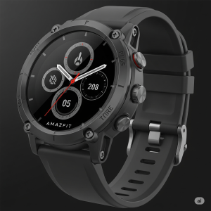 Smartwatch Amazfit T-Rex Ultra na cor prata com pulseira branca, exibindo o mostrador digital com informações de frequência cardíaca, passos, temperatura e data.