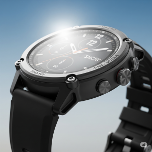 Smartwatch Amazfit T-Rex Ultra preto, em close-up, destacando o mostrador digital e os botões laterais, com iluminação frontal que realça os detalhes do design robusto e a pulseira escura.
