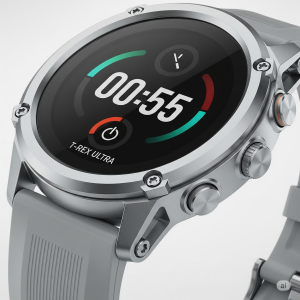 Smartwatch Amazfit T-Rex Ultra na cor prata, em close-up, exibindo seu mostrador digital claro e o design robusto do corpo e da pulseira.