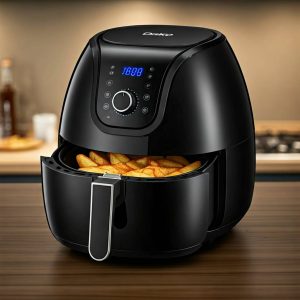 Air Fryer Dako 5L – Edição Especial, com design moderno e capacidade de 5 litros, ideal para preparar alimentos de forma rápida e saudável. Apresenta detalhes como painel digital e cesto removível.