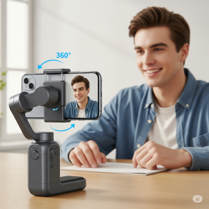 Suporte de celular inteligente com rastreamento facial 360º, mostrando um smartphone acoplado e um homem sorrindo em primeiro plano, indicando uso em videochamada.