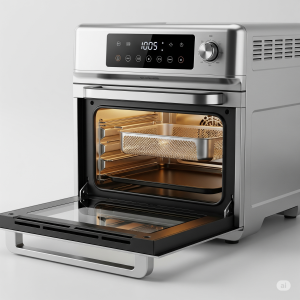 Air fryer Philco 12 litros, com acabamento em aço inoxidável, vista frontal e lateral. A porta está aberta, revelando uma cesta de fritura e uma bandeja na parte inferior, com luz interna acesa. O painel digital superior exibe "10.05".