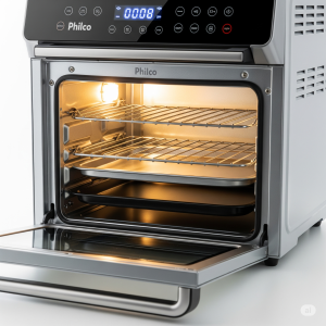 Air fryer Philco PFR2200P de 12 litros, vista frontal com a porta aberta, exibindo as três prateleiras internas e a luz acesa.