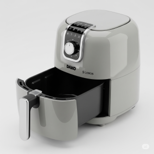 Fritadeira Air Fryer Dako 5 Litros com cesto puxado, mostrando a capacidade interna e painel analógico.