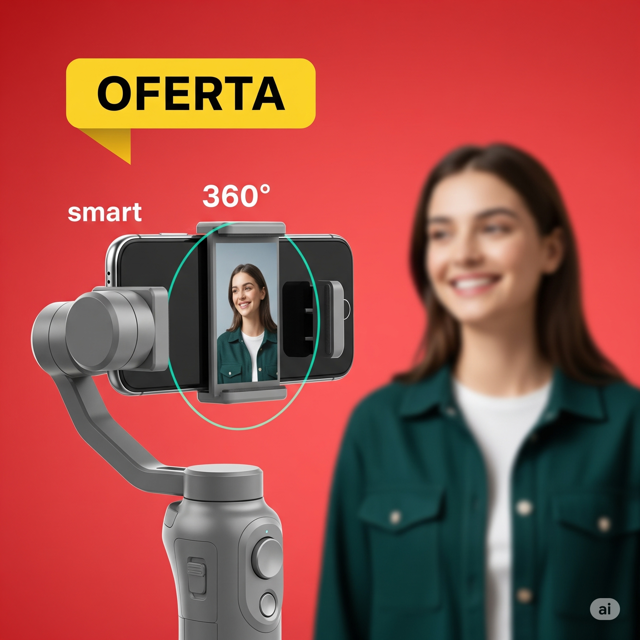 Suporte de celular 360º moderno com rastreamento facial automático, em ação, mostrando uma mulher seguindo o movimento dela. Um banner vermelho com a palavra 'OFERTA' se destaca na imagem, enfatizando a promoção.