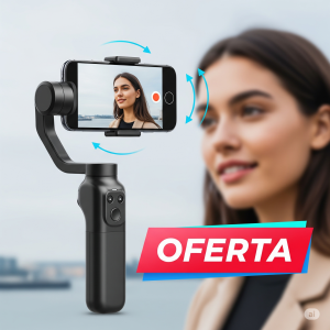 Suporte para smartphone com rastreamento facial de 360 graus, similar a um gimbal compacto, com uma mulher interagindo com o dispositivo. A palavra 'OFERTA' é exibida em um banner laranja proeminente, indicando uma promoção especial.