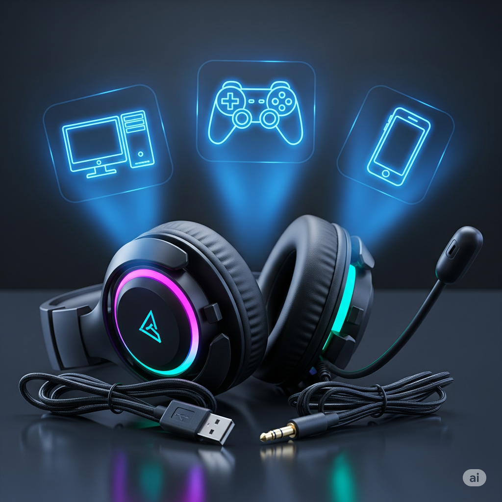 Fone de ouvido Havit HV-H2232d com cabos USB e P2 em destaque, e ícones de PC, console e smartphone ao fundo, simbolizando sua ampla compatibilidade.