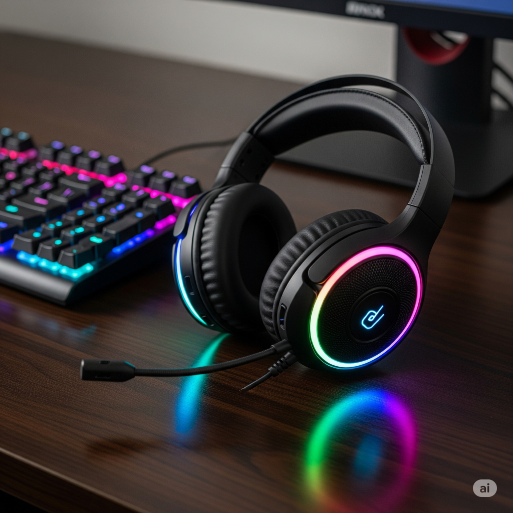 Fone de ouvido gamer Havit HV-H2232d com iluminação RGB sobre uma mesa, ao lado de um teclado iluminado, destacando seu design moderno e conforto.