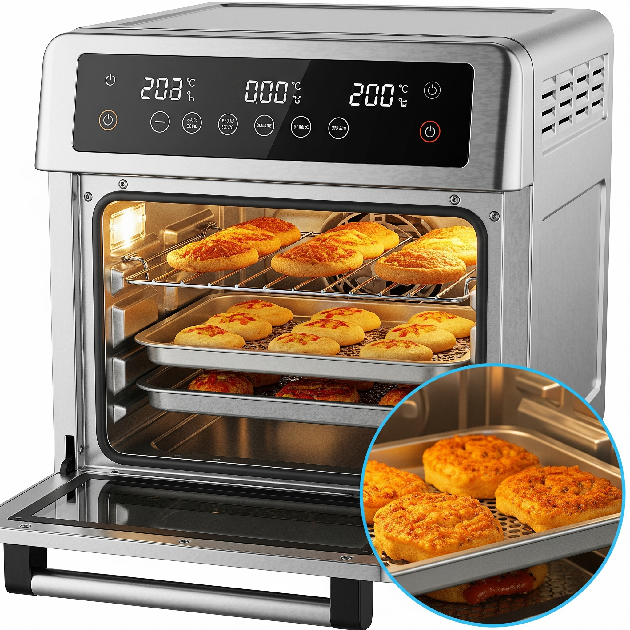 Air fryer em aço inoxidável com a porta aberta, mostrando alimentos assados em três bandejas. O painel digital exibe a temperatura de 203°C. No canto inferior direito, há um círculo ampliado de uma das bandejas com alimentos.