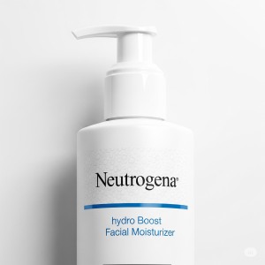 Frasco branco com pump de hidratante Neutrogena, com o logo azul da marca, em um fundo branco.