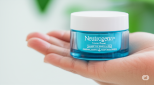 Mão pegando o gel do pote azul de Neutrogena Hydro Boost Water Gel, com destaques de benefícios como 48h de hidratação e controle de oleosidade.