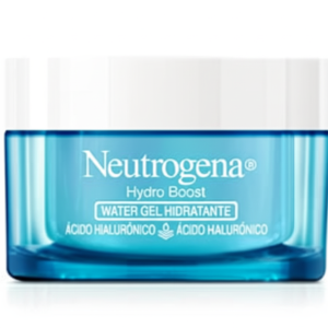 Pote de vidro azul translúcido do hidratante facial Neutrogena Hydro Boost Water Gel, com tampa branca e rótulo visível.