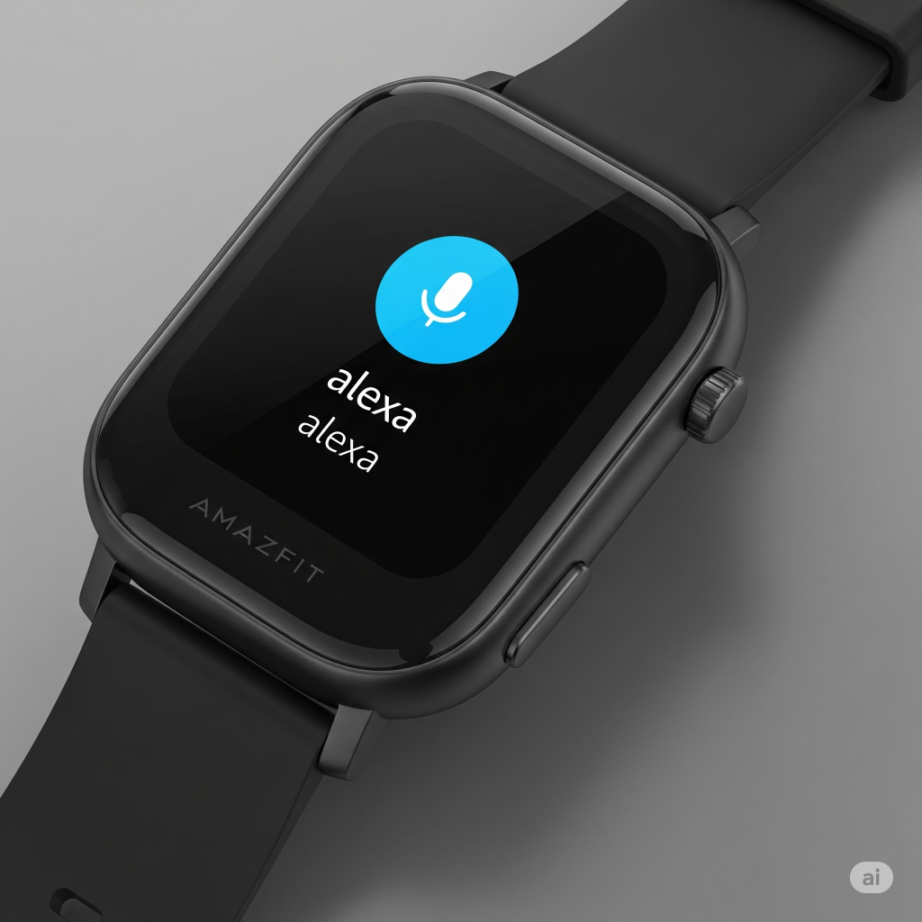 Imagem em close-up do smartwatch Amazfit Bip 5 preto. A tela está ligada e exibe o ícone de microfone e o nome da assistente virtual Alexa, demonstrando sua integração.