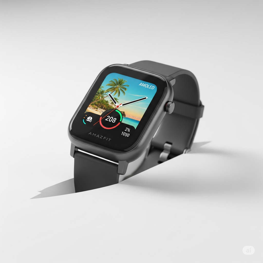 Smartwatch Amazfit GTS 2 Mini com tela AMOLED em destaque.