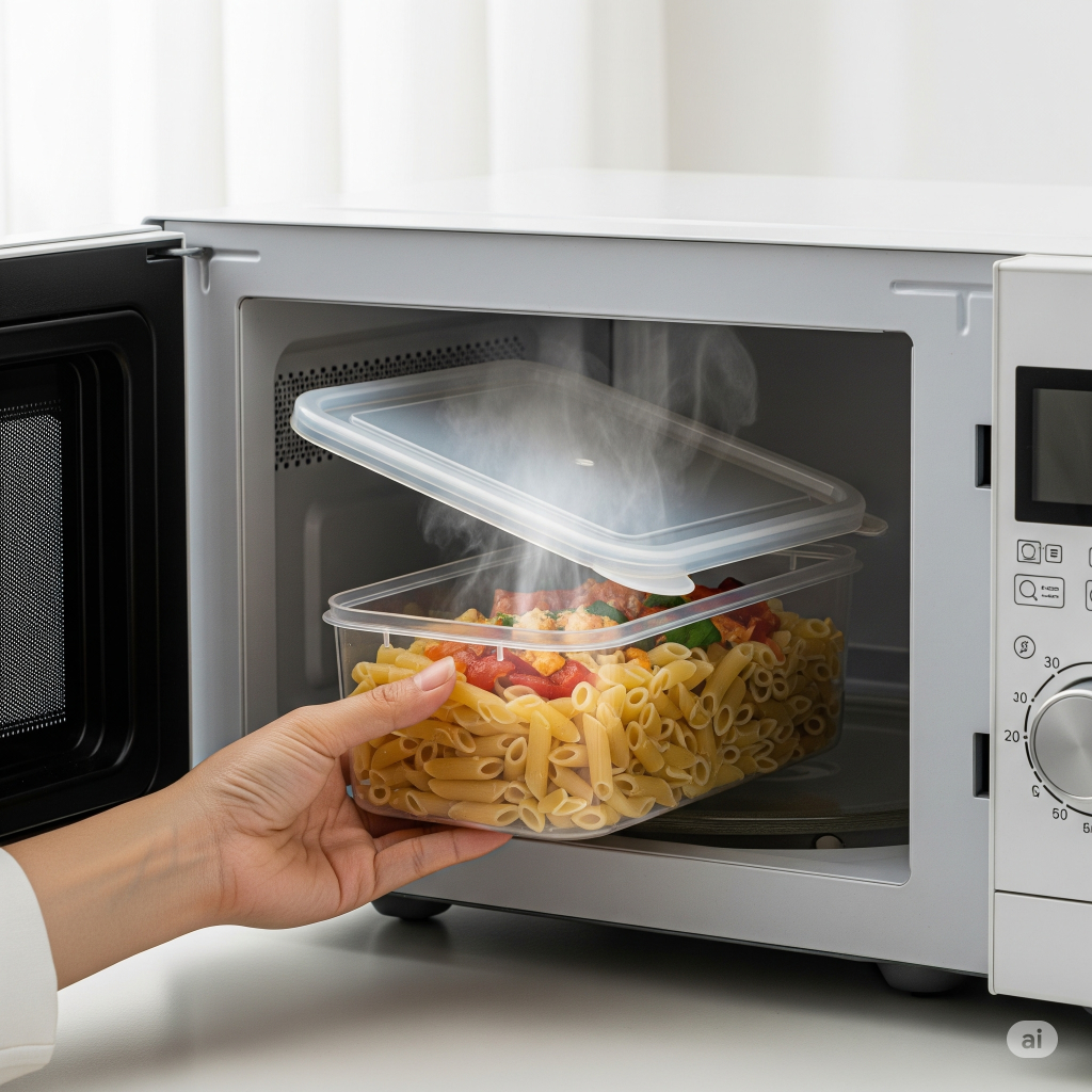 Mão colocando um pote hermético de plástico da Electrolux com macarrão dentro de um micro-ondas para aquecer, ilustrando a praticidade e segurança do produto para o uso diário