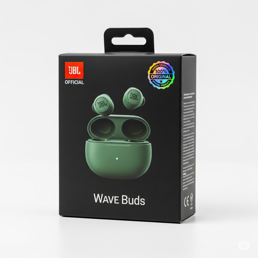 Fotografia da caixa oficial e lacrada do fone de ouvido JBL Wave Buds sobre uma superfície limpa. Um selo holográfico brilhante de autenticidade com o texto "100% Original" está em destaque na embalagem, transmitindo segurança e confiança na compra do produto.