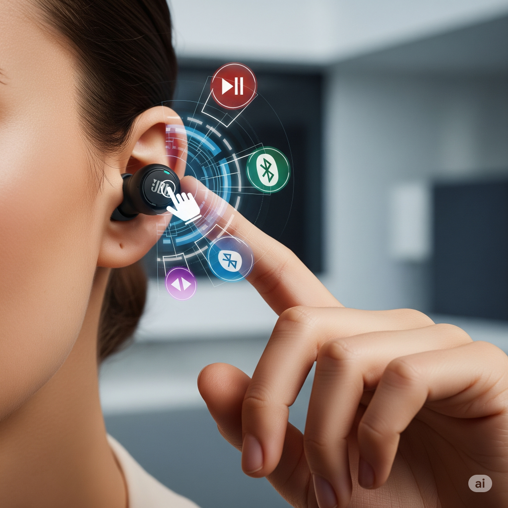 Imagem em close-up mostrando uma mão prestes a tocar um fone de ouvido JBL Wave Buds na orelha. Ícones digitais brilhantes, como play e bluetooth, emanam do fone, ilustrando a funcionalidade de controle por toque e a conectividade inteligente do produto.