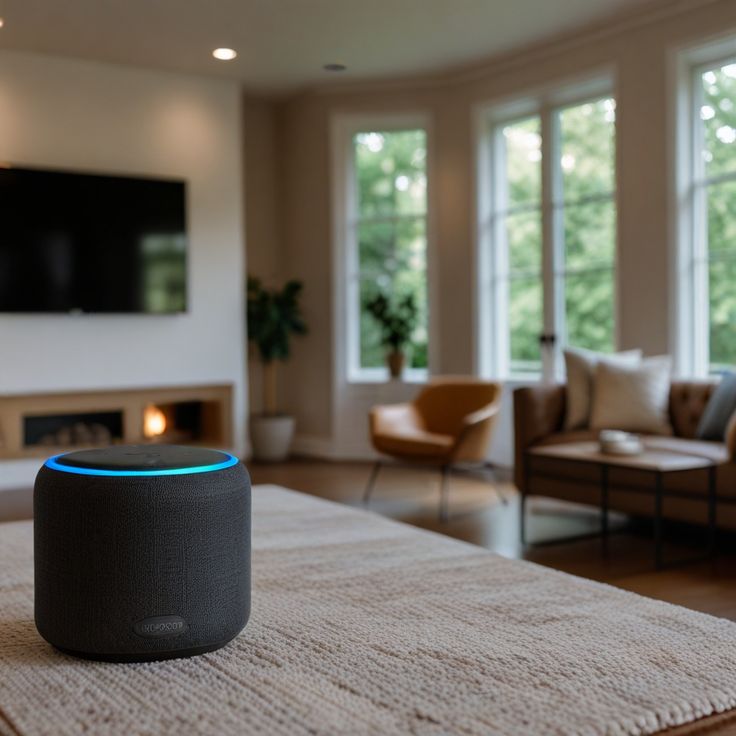Imagem de um Echo (5ª geração) preto posicionado sobre uma mesa de centro em uma sala de estar moderna e bem iluminada. A luz azul do dispositivo está acesa, indicando que está ativo. Ao fundo, uma lareira, uma televisão na parede e janelas grandes com vista para a natureza criam um ambiente acolhedor e conectado.