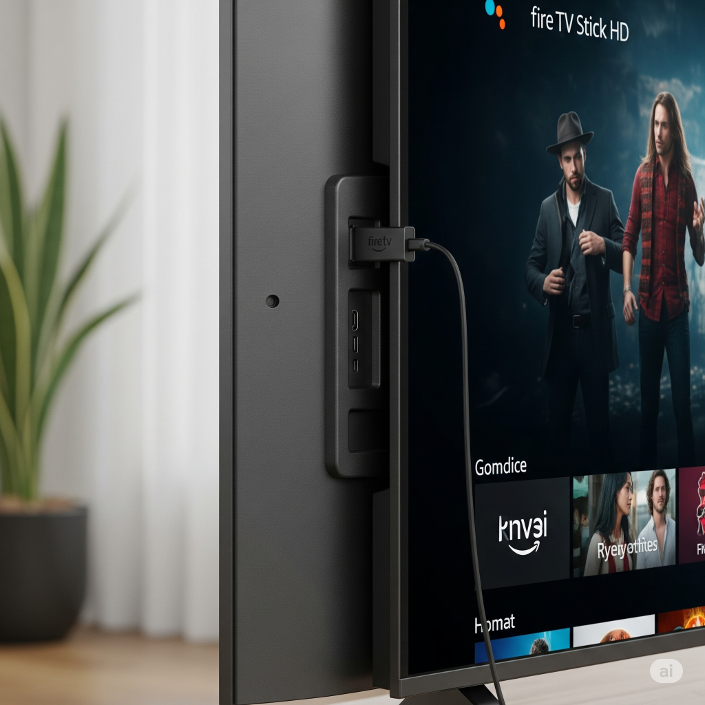 Fire TV Stick HD conectado à porta HDMI na parte de trás de uma televisão, mostrando a instalação fácil e discreta.