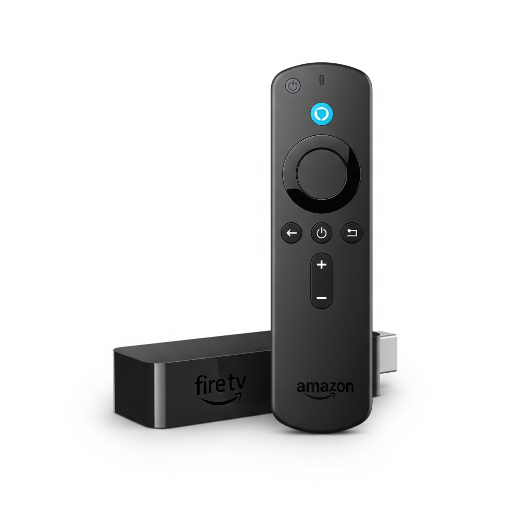 O dispositivo Fire TV Stick HD ao lado do seu Controle Remoto por Voz com Alexa em um fundo branco.