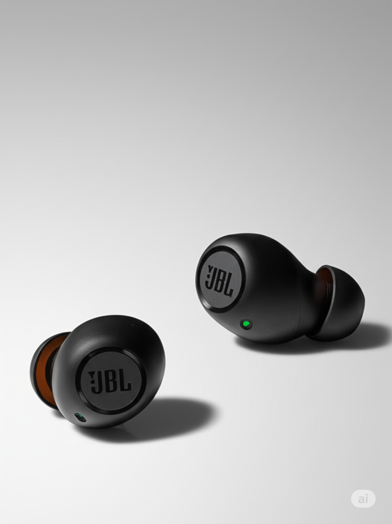 Close-up do fone de ouvido intra-auricular JBL Wave Buds TWS na cor preta, mostrando seu design e o logo da JBL.
