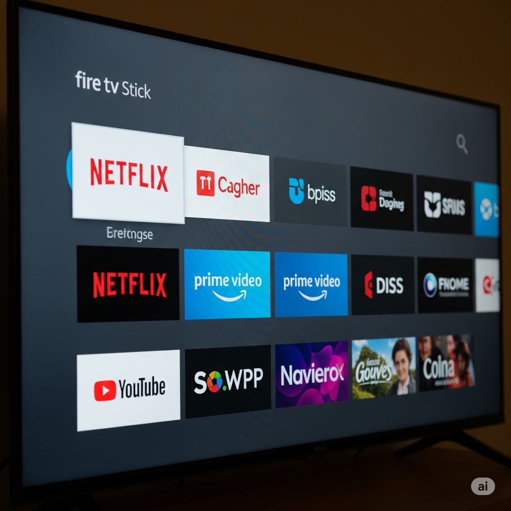Tela de uma TV exibindo o menu principal do Fire TV Stick HD, com ícones de aplicativos como Netflix, Prime Video e YouTube.