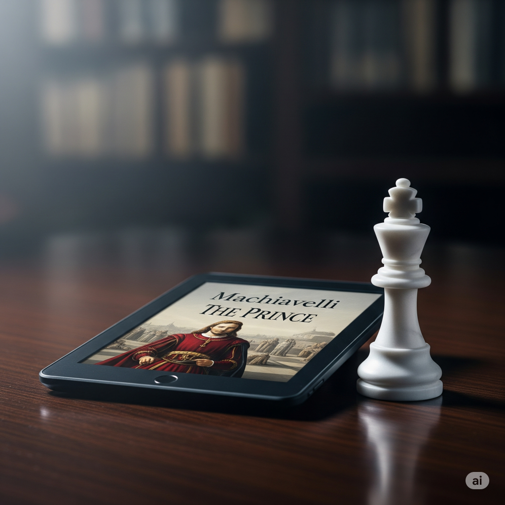 Imagem de destaque da análise do livro O Príncipe de Maquiavel. Um tablet exibe a capa do ebook sobre uma mesa de madeira escura, ao lado de uma peça de xadrez (o rei), simbolizando a união entre a sabedoria clássica, estratégia e tecnologia.