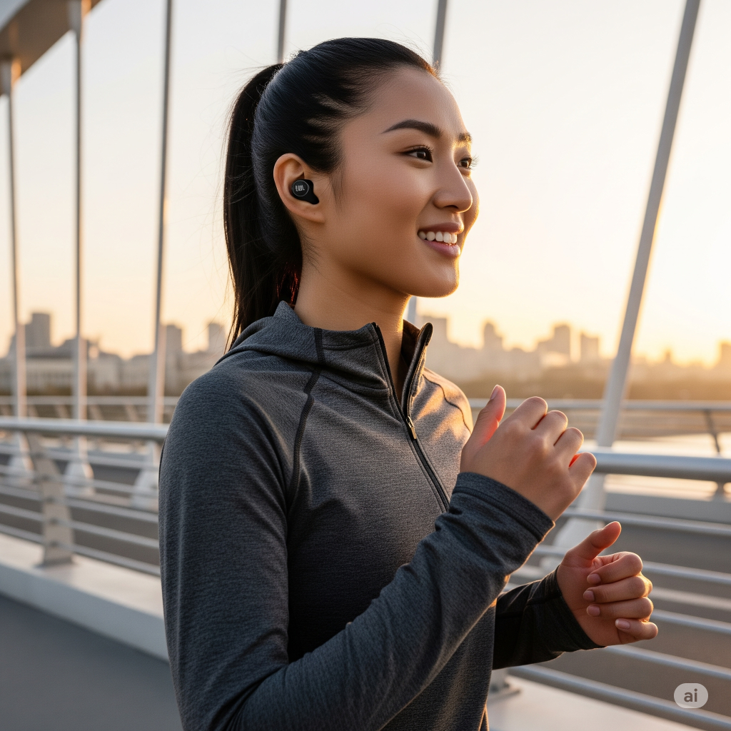 Imagem de estilo de vida mostrando uma pessoa sorrindo enquanto corre em uma ponte moderna ao nascer do sol, usando os fones de ouvido pretos JBL Wave Buds. O foco está no fone de ouvido, que está firmemente encaixado na orelha, transmitindo uma sensação de energia, conforto e liberdade.