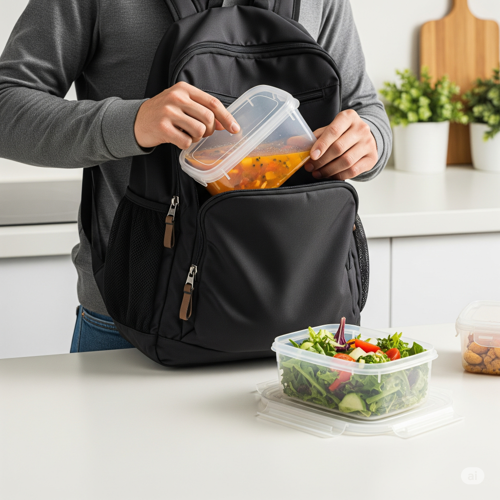 Homem guardando um pote hermético da Electrolux com sopa dentro de uma mochila preta, demonstrando a segurança antivazamento do produto para transporte diário.