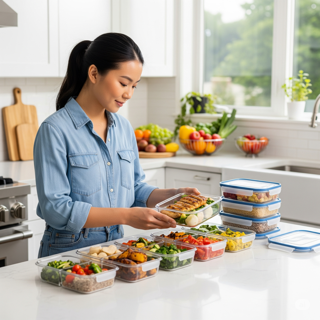 Mulher em uma cozinha clara e organizada, preparando marmitas da semana e guardando alimentos saudáveis, como frango grelhado e salada, no Kit de Potes Herméticos da Electrolux sobre uma bancada branca.