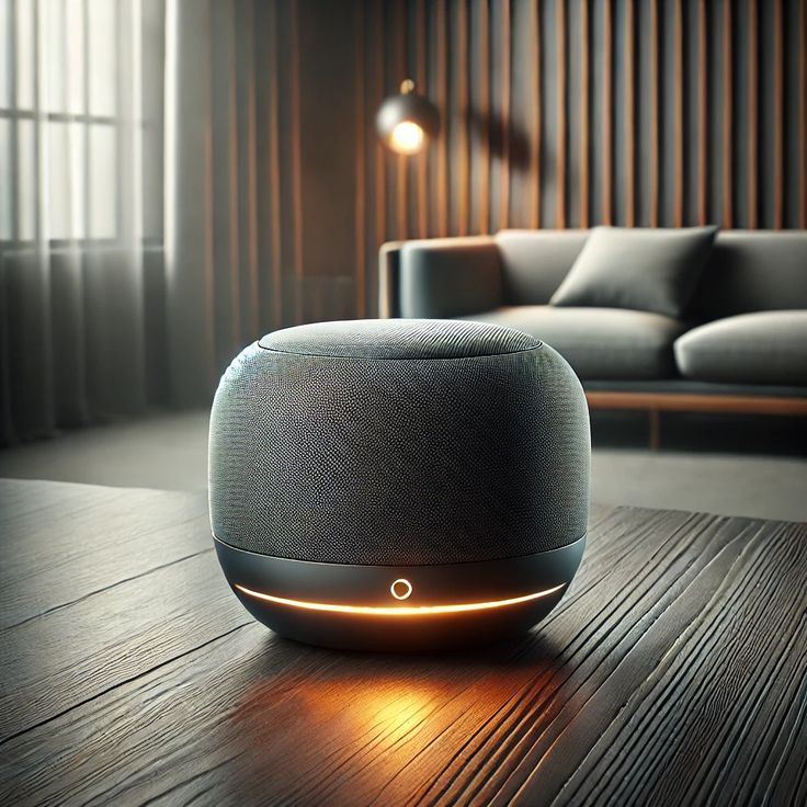 Imagem de um smart speaker preto com um anel de luz laranja aceso, posicionado sobre uma mesa de madeira escura. Ao fundo, uma sala de estar moderna e sofisticada com um sofá cinza e uma parede de madeira ripada, criando um ambiente acolhedor e tecnológico.