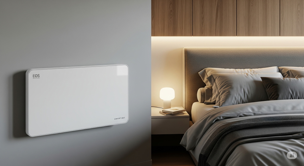 Aquecedor Elétrico EOS Comfort Heat branco, instalado de forma segura na parede de um quarto moderno, acima de uma cama com decoração aconchegante, demonstrando sua versatilidade.