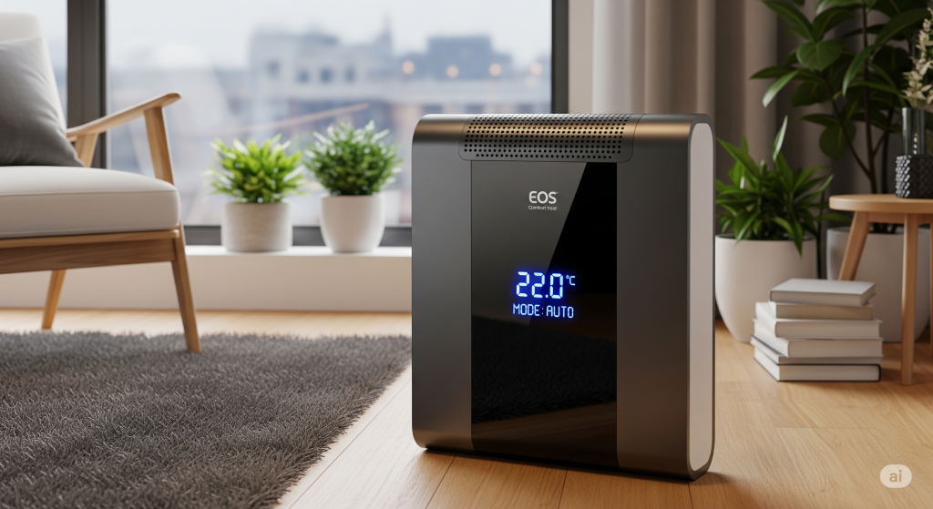 Close-up do Aquecedor Elétrico EOS Comfort Heat para piso, destacando seu painel digital iluminado que exibe a temperatura e o modo de operação em uma sala de estar.