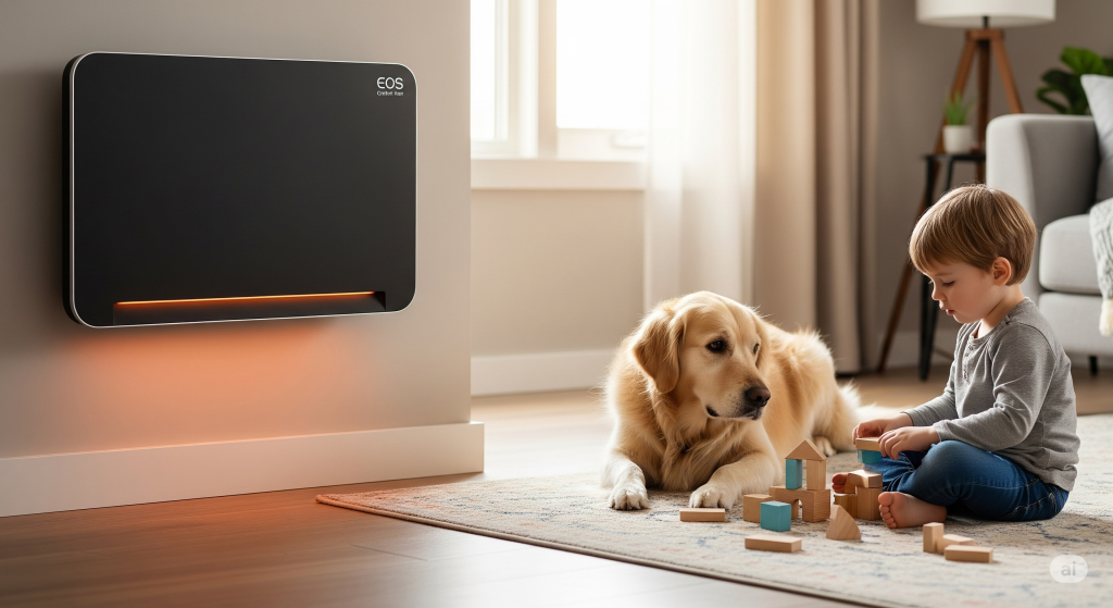 Cena familiar segura com uma criança e um cão Golden Retriever brincando tranquilamente no chão, enquanto o Aquecedor Elétrico EOS Comfort Heat aquece o ambiente de forma segura, instalado na parede ao fundo.