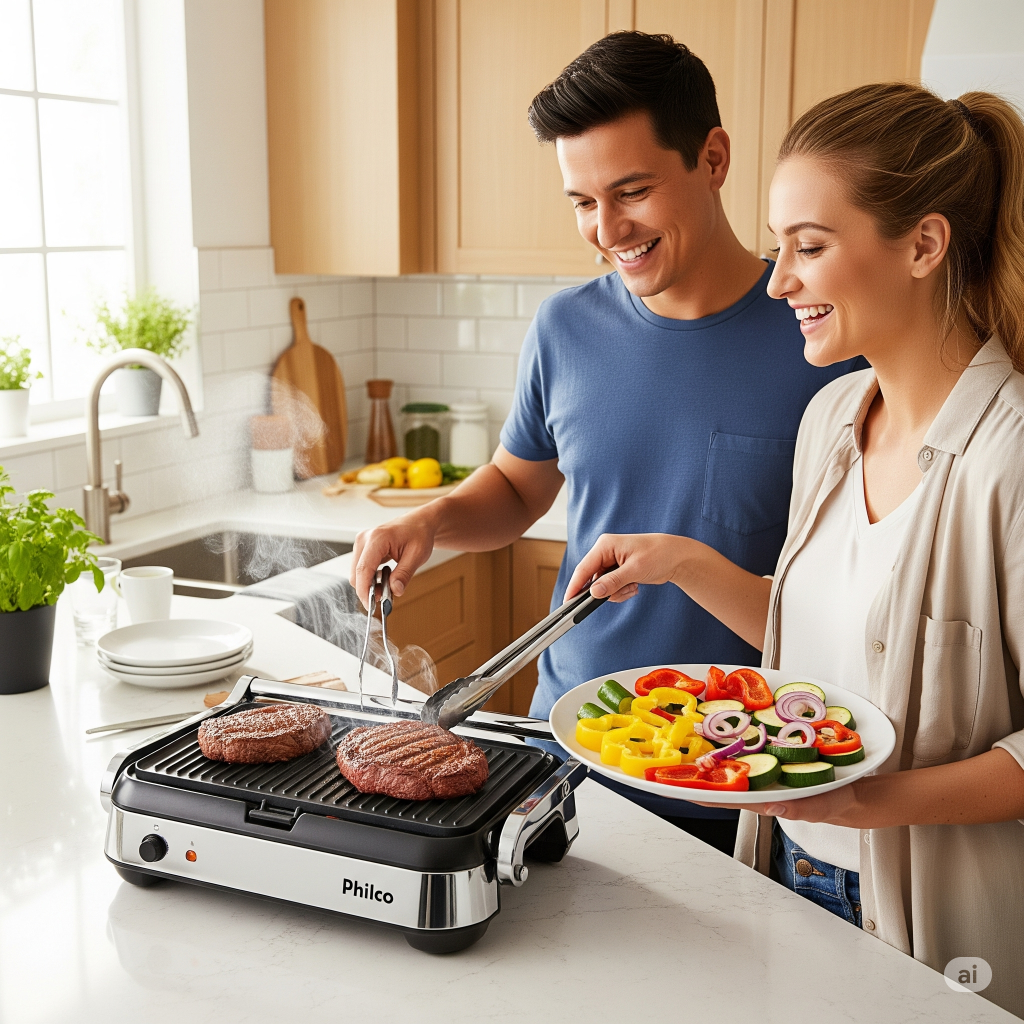 Casal cozinha junto usando a sanduicheira e grill Philco 2 em 1: hambúrgueres na chapa e vegetais frescos para acompanhar.