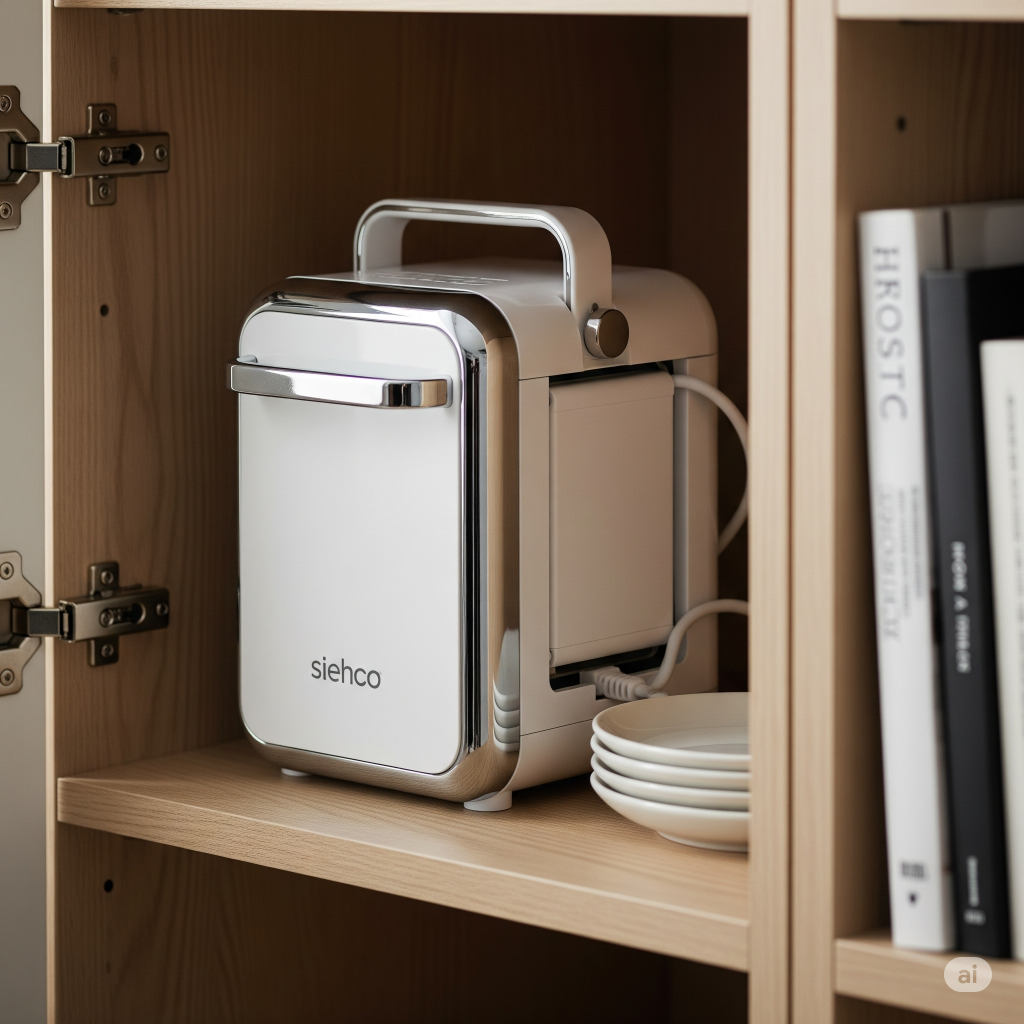 Um aparelho eletrônico compacto, de cor branca com detalhes cromados, com uma alça na parte superior, guardado em um armário de madeira clara, ao lado de pratos pequenos e livros. O design é pensado para ocupar pouco espaço e ser fácil de guardar.